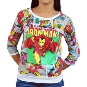 Marvel Iron Man All Over Comic Book Print 3/4 Sleeve T-shirt, Size: M